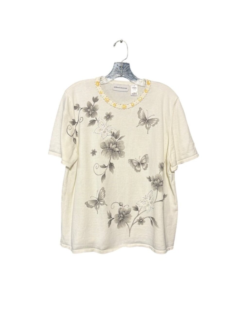 Alfred Dunner Ivory Butterfly Beaded Knit Sweater